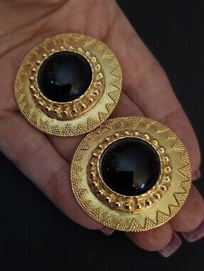 Vintage 1980 Black Cabochon  Button Earrings - Women Jewelry